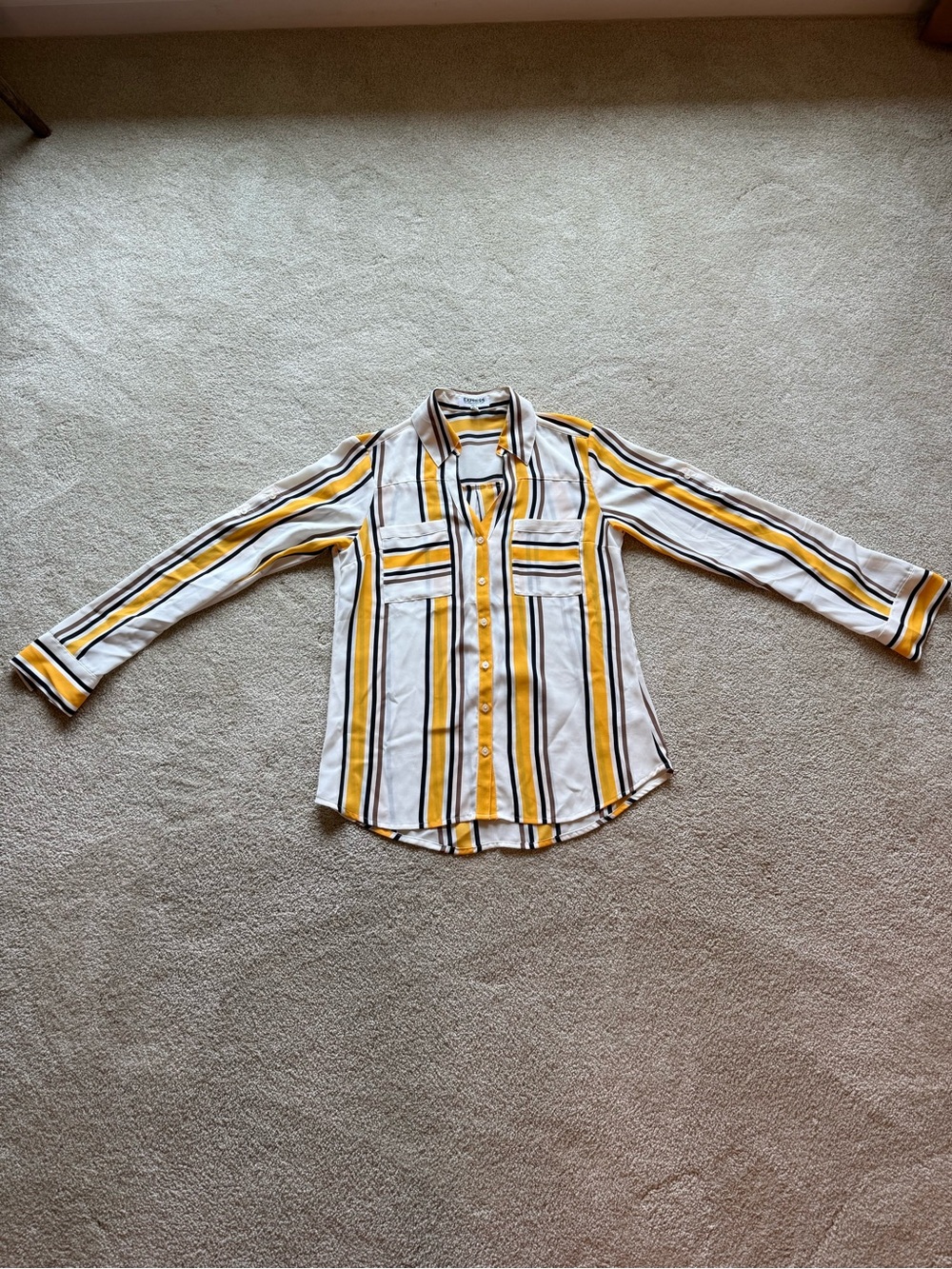 Express Women's Yellow, White & Black Striped Button-Down Shirt